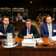 Lawyer Andrew Winton (l.) sits alongside witnesses Scott Smith, Hockey Canada president and COO, and Hockey Canada CFO Brian Cairo, as they appear at the standing committee on Canadian Heritage in Ottawa looking into how Hockey Canada handled allegations of sexual assault and a subsequent lawsuit